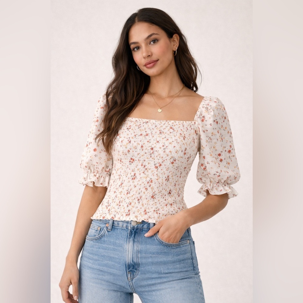 Reformation 100% Linen Floral Smocked Puff Bodice Cottagecore Milkmaid M